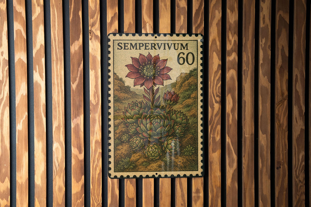 A vintage postage stamp featuring a floral illustration and the text "SEMPERVIVUM 60" is displayed on a wooden wall.