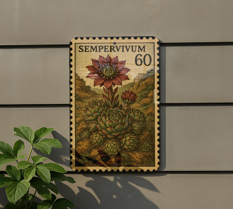a postage stamp with a floral design, mounted on a wall next to a plant.