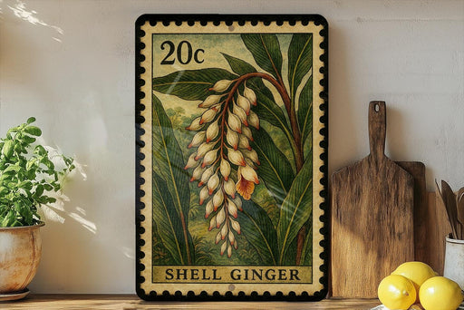 A framed image of a shell ginger plant on a shelf, with a wooden cutting board and a potted plant to the left.