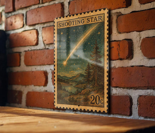A vintage-style postage stamp depicting a shooting star is displayed on a brick wall, with a wooden table below it.