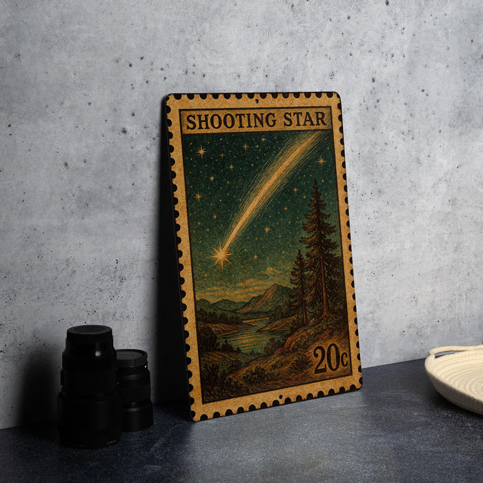 A metal stamp with a night sky scene featuring a shooting star, pine trees, and mountains, along with the text "SHOOTING STAR" and the value "20c".