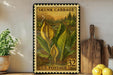 A vintage-style postage stamp featuring skunk cabbage, a plant with large yellow flowers, is displayed on a shelf next to kitchen utensils and a potted plant.