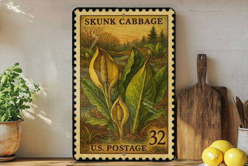 A vintage-style postage stamp featuring skunk cabbage, a plant with large yellow flowers, is displayed on a shelf next to kitchen utensils and a potted plant.
