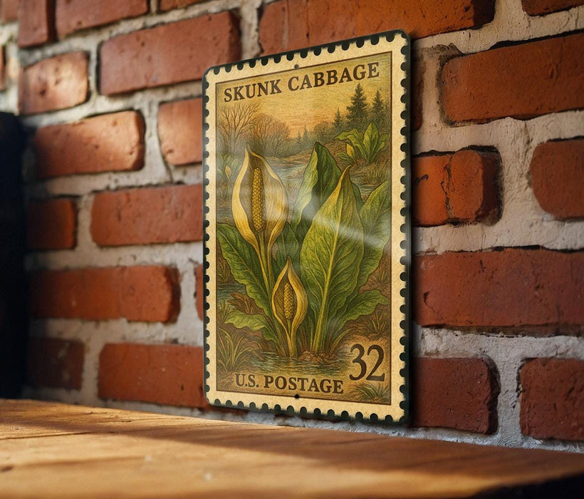 A vintage postage stamp depicting Skunk Cabbage is displayed on a brick wall.