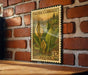 A vintage postage stamp depicting Skunk Cabbage is displayed on a brick wall.