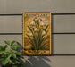A wooden sign with a snowflake design and the word "LEUCQJUM" printed on it, mounted on a wall next to a plant.