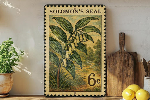 A framed print of a plant with yellow flowers is displayed on a shelf next to a wooden cutting board and some lemons.