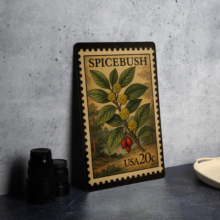 A framed stamp depicting a spice bush with yellow flowers and green leaves, placed on a table next to a stack of black camera lenses.