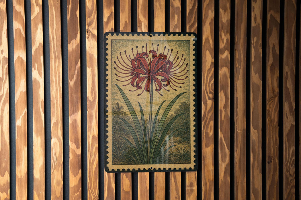 a framed illustration of a red flower with long petals, set against a wooden background with vertical slats.