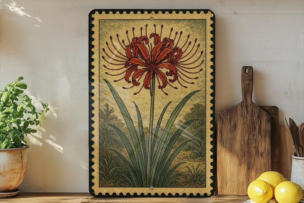 a framed illustration of a red flower with long petals, placed on a shelf next to a wooden cutting board and a potted plant.