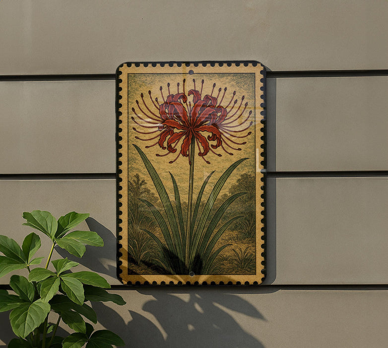 a decorative floral artwork with a vibrant red flower and green leaves, displayed on a wall.