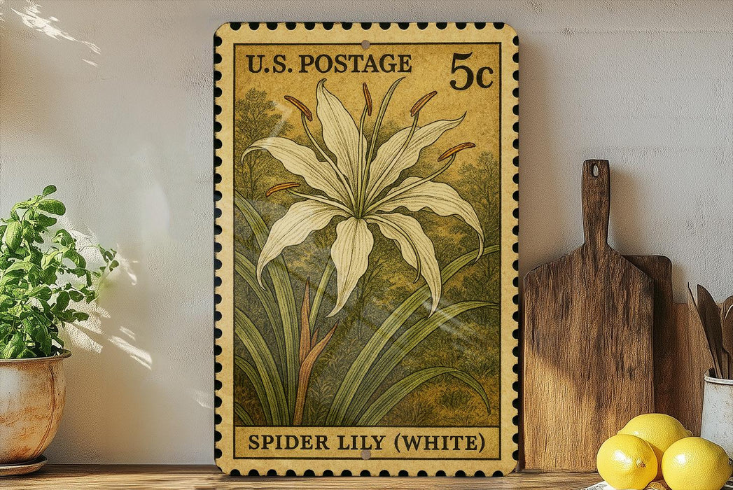 A vintage U.S. postage stamp featuring a large white lily flower, placed on a wooden surface next to a wooden cutting board and a potted plant.