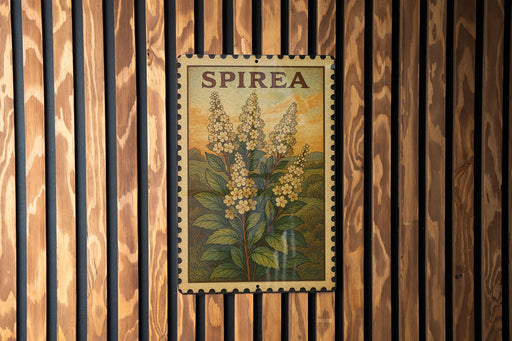 a framed print of a floral illustration with the word "SPIREA" prominently displayed.