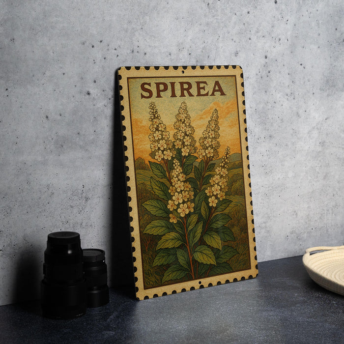 Spirea Vintage Stamp Style Metal Sign, Spirea Flower Botanical Garden Decor, Floral Plant Name Plaque, Cottage Farmhouse Wall Sign