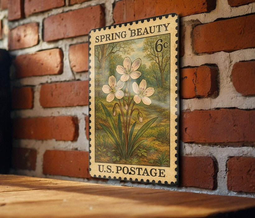 A vintage U.S. postage stamp featuring a floral illustration is displayed on a brick wall.