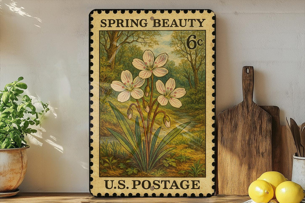 A framed vintage U.S. postage stamp depicting a floral scene, placed on a wooden surface next to a wooden cutting board and a potted plant.