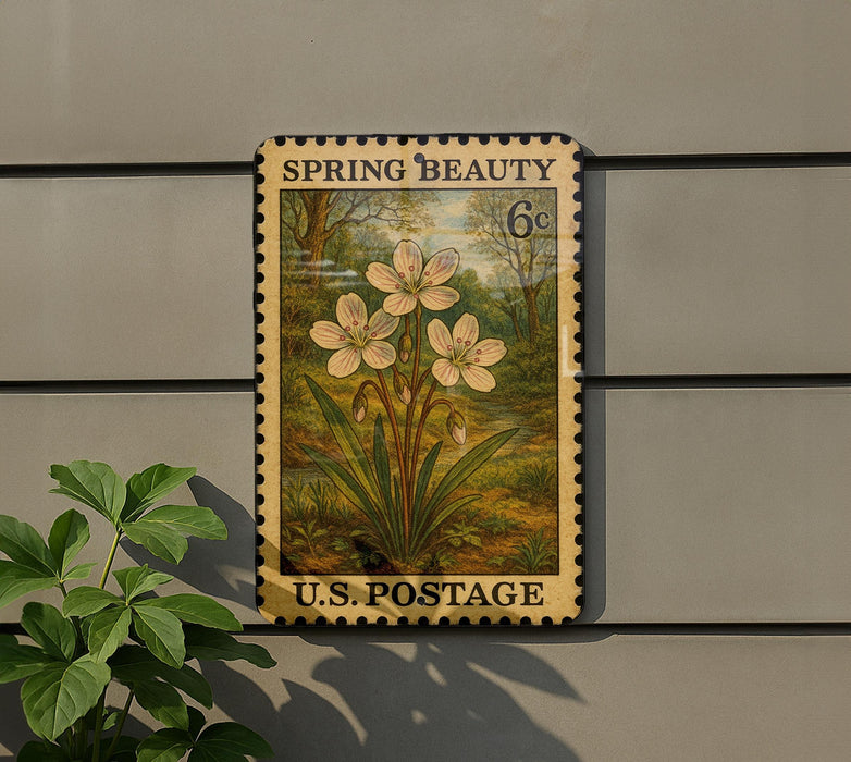 A vintage-style postage stamp featuring a floral design, mounted on a wall next to a plant.