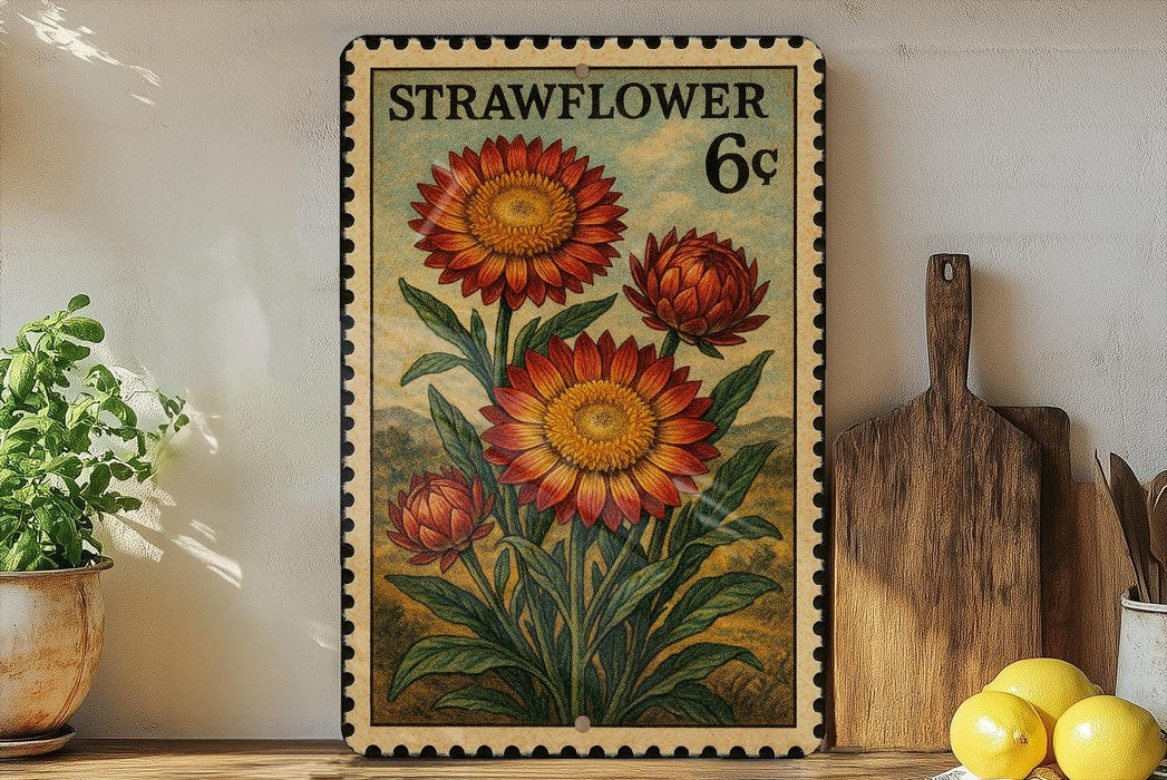 a vintage-style stamp with a floral design, placed on a shelf next to a wooden cutting board and some potted plants.