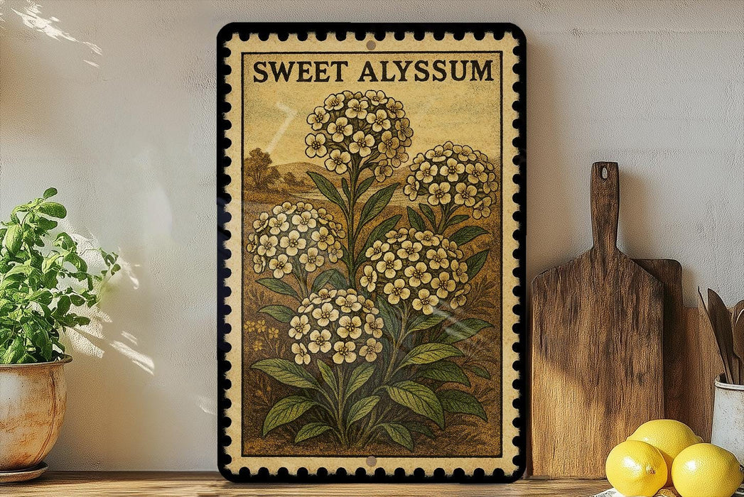A framed illustration of a plant with yellow flowers is displayed on a shelf, accompanied by a wooden cutting board, a potted plant, and a lemon.