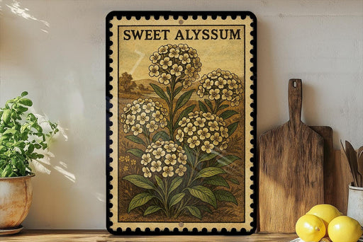 A framed illustration of a plant with yellow flowers is displayed on a shelf, accompanied by a wooden cutting board, a potted plant, and a lemon.
