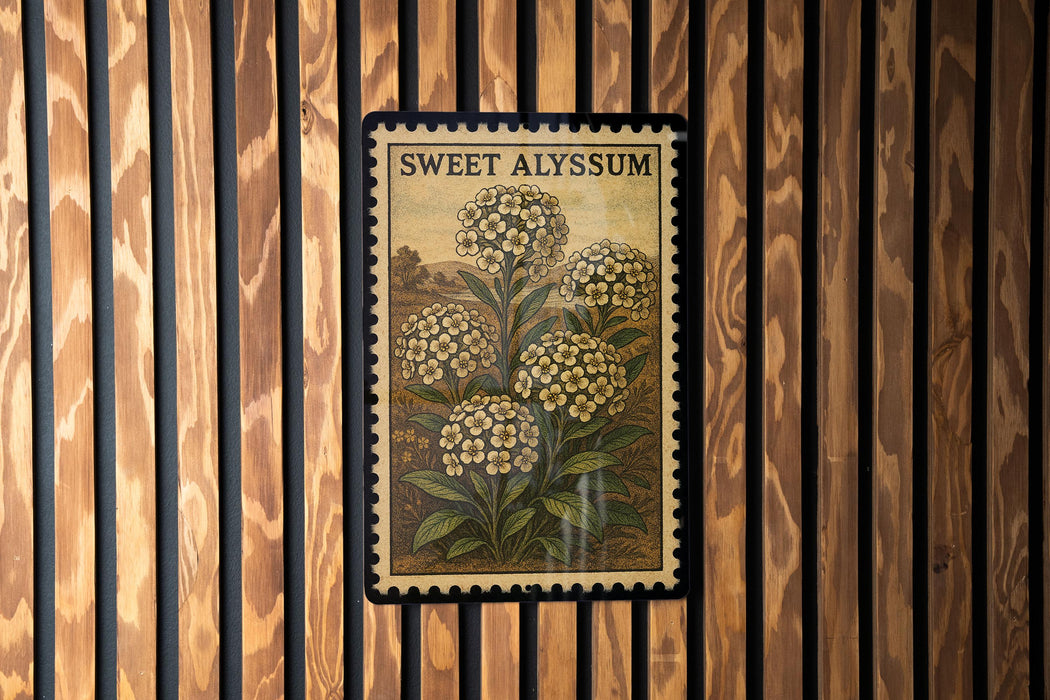 A framed illustration of a flower is hanging on a wooden wall.