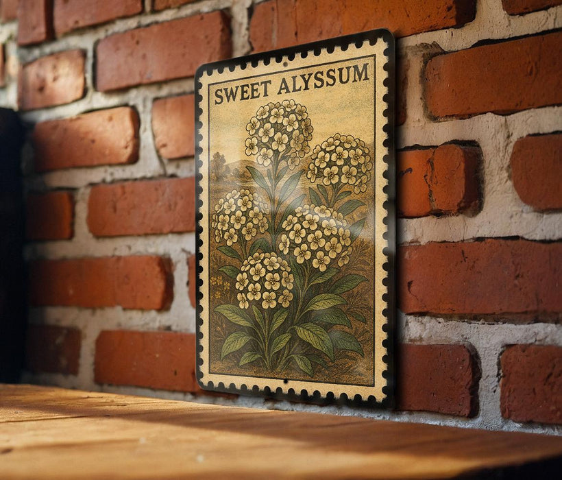A framed illustration of a flower is hanging on a brick wall, with the text "Sweet Alyssum" visible on the frame.