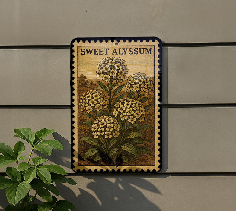 a decorative sign with a floral illustration, mounted on a wall next to a plant.