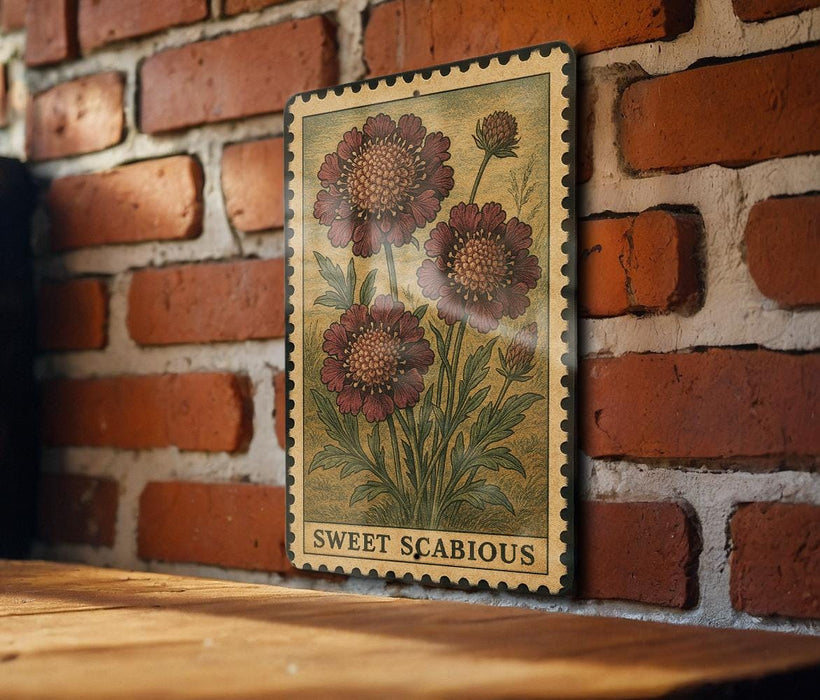 A vintage-style floral print is displayed on a brick wall, featuring a large flower with three petals and a smaller flower below it.