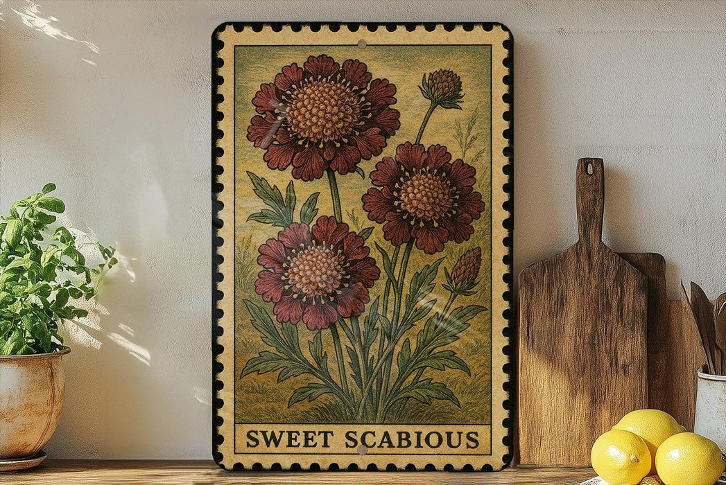 A framed illustration of a red flower with green leaves is displayed on a shelf, accompanied by a wooden cutting board, a potted plant, and a bowl of lemons.