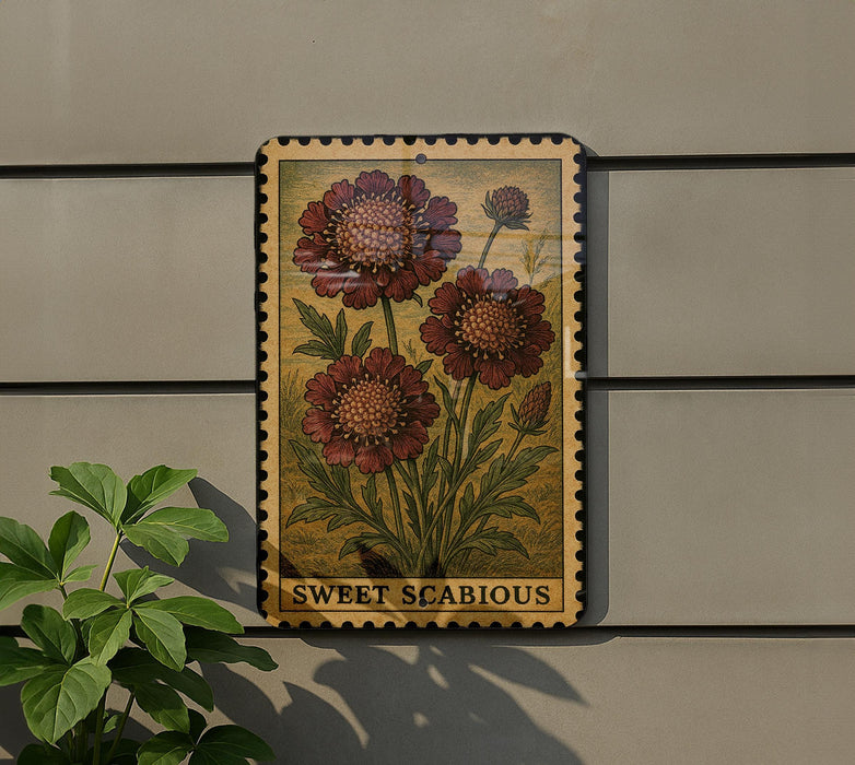 a decorative metal sign with a floral design, mounted on a wall next to a plant.