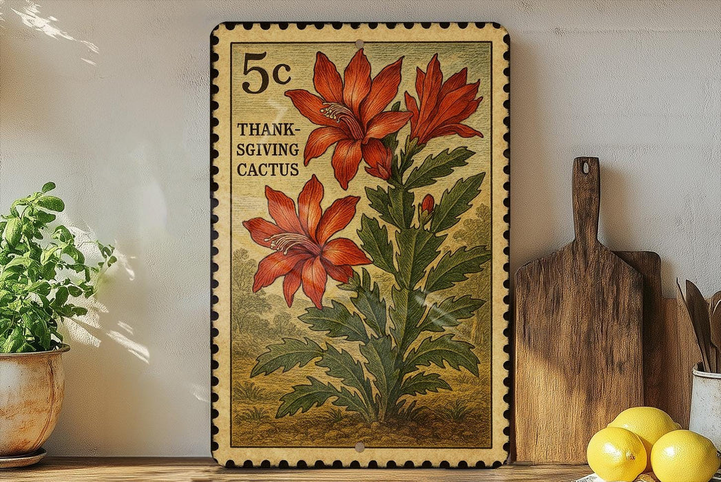 A framed stamp-like artwork depicting a cactus plant with red flowers, placed on a shelf next to a wooden cutting board and some lemons.