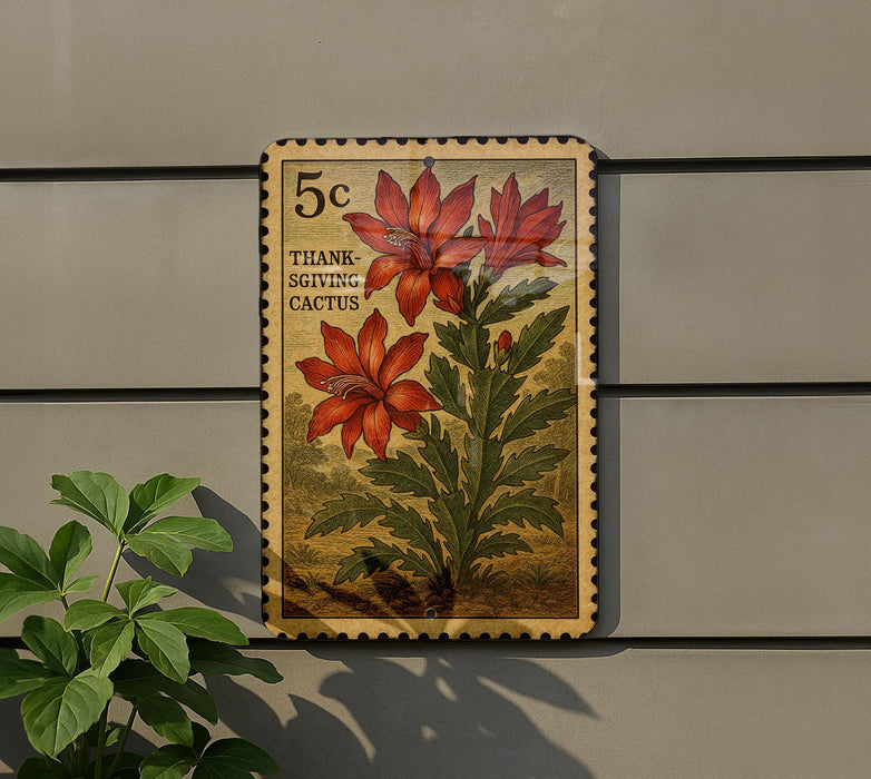 A 5c postage stamp featuring a red flower and green leaves, mounted on a wall next to a plant.