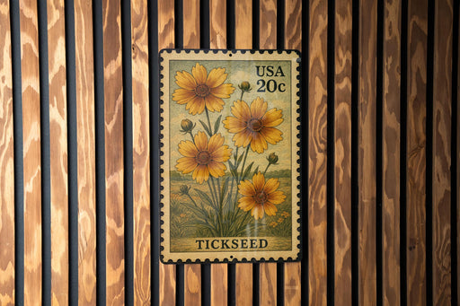 A US postage stamp featuring a floral design with yellow flowers, mounted on a wooden wall.