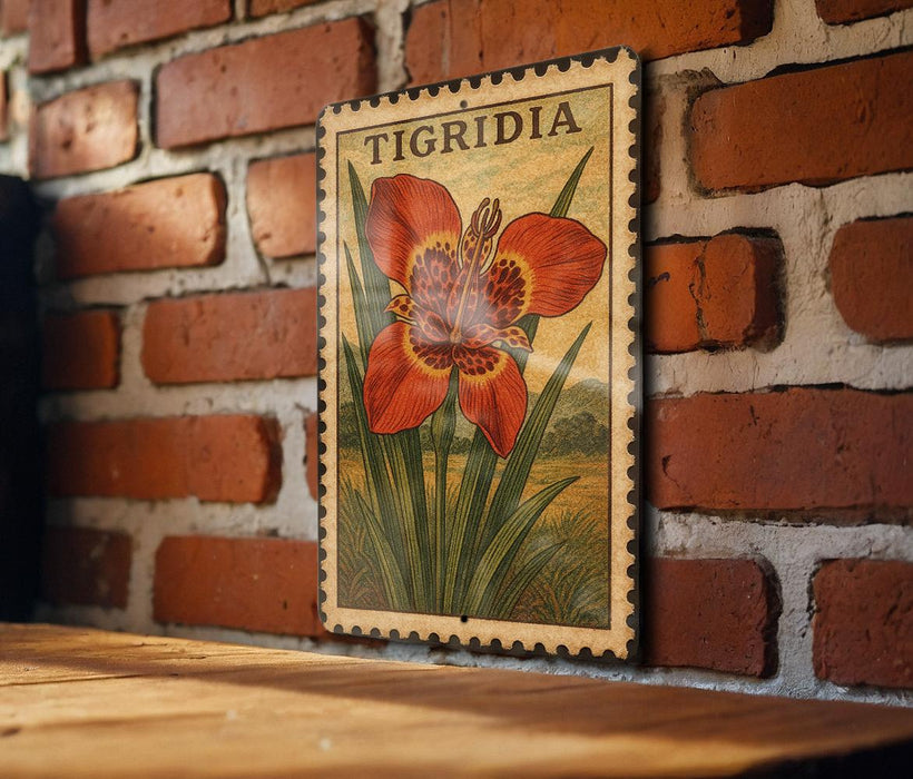A wooden table with a framed illustration of a red flower on a brick wall.
