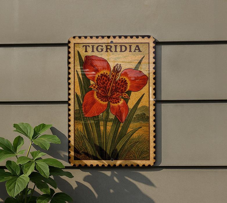 A framed illustration of a red flower with green leaves, mounted on a wall next to a plant.