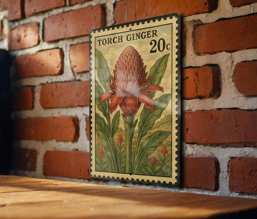 A vintage-style postage stamp featuring a large illustration of a red flower with green leaves, mounted on a brick wall.