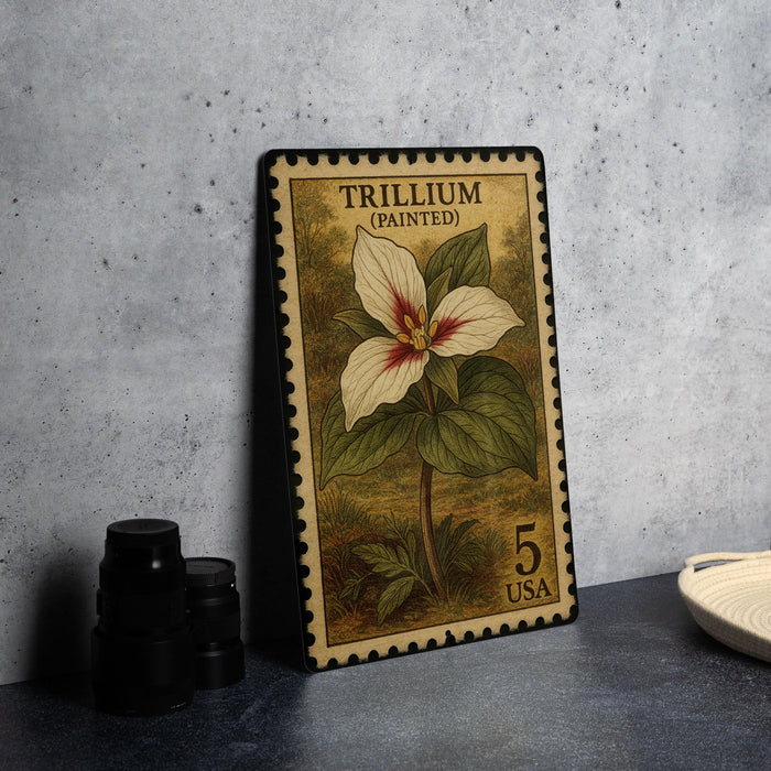 A framed postage stamp featuring a Trillium flower, which is a type of wildflower, is displayed on a table.