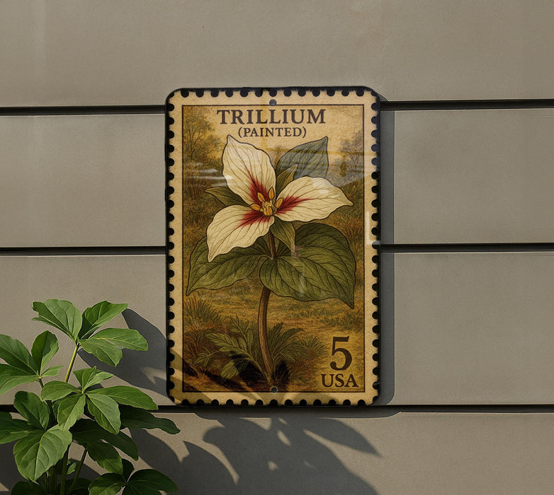 A framed image of a white trillium flower, which is a type of wildflower, is mounted on a wall.