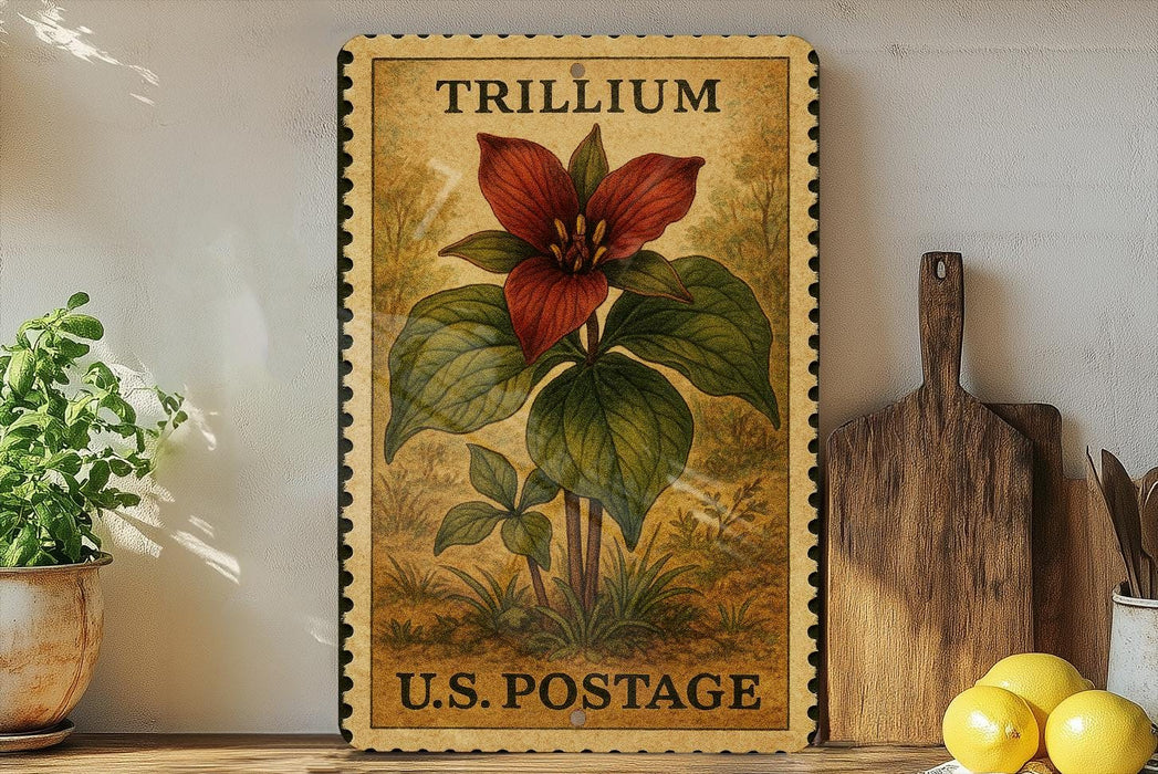 A framed stamp-like artwork depicting a red trillium flower, with the text "TRILLIUM" and "U.S. POSTAGE" printed on it, placed on a shelf next to a wooden cutting board and a potted plant.