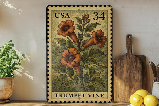 A framed stamp depicting a trumpet vine is displayed on a shelf, surrounded by kitchen utensils and a potted plant.