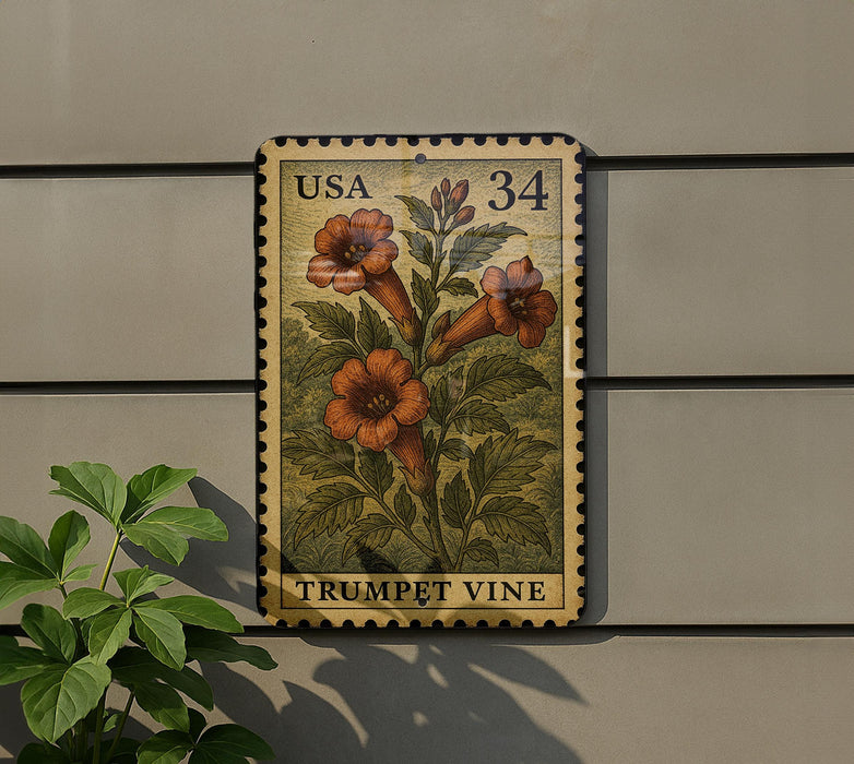 A metal stamp with a floral design and the text "USA 34" is displayed on a wall, with a plant to the left.