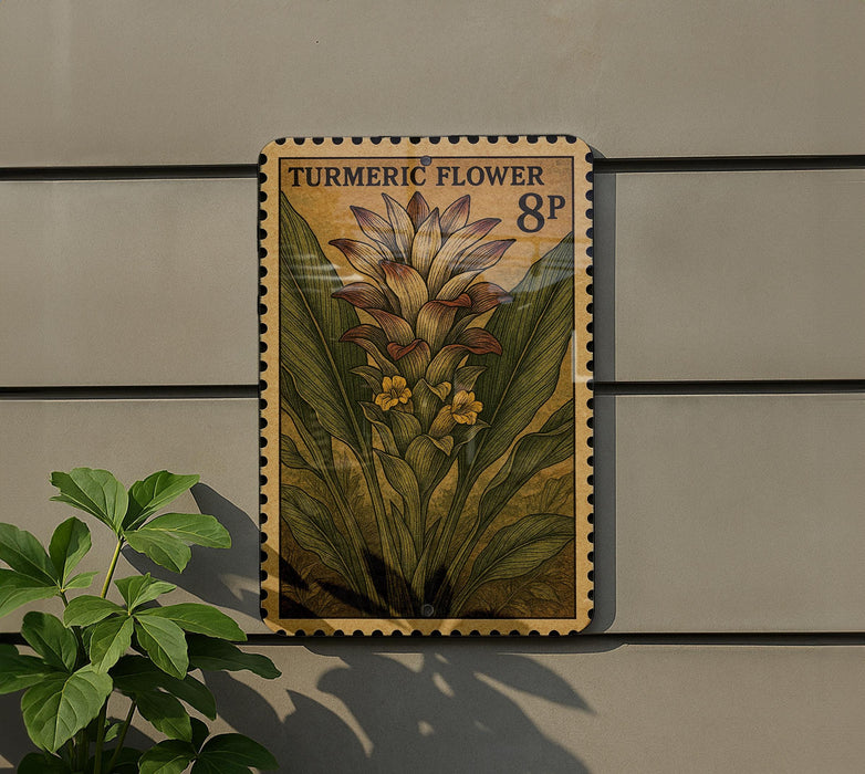 A postage stamp featuring a turmeric flower is displayed on a wall, with a potted plant to the left.