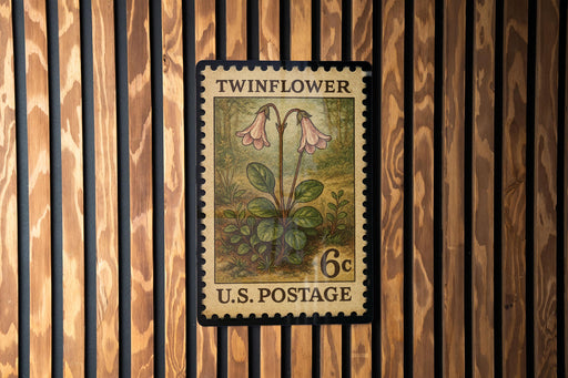 A vintage U.S. postage stamp featuring a floral illustration of two pink flowers on a green background, mounted on a wooden wall.