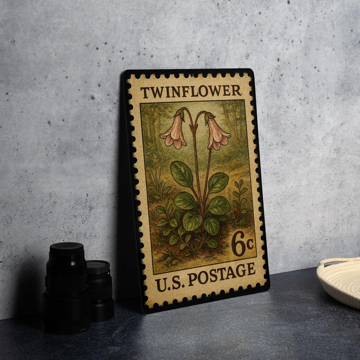 A vintage twinflower postage stamp from the U.S. Postal Service, featuring a floral illustration of two pink flowers on a green background.