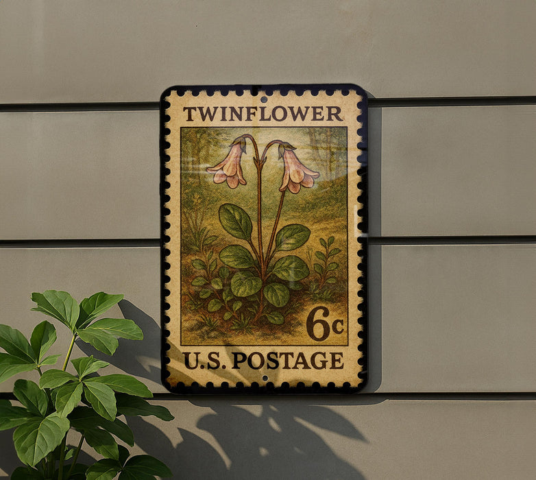 A vintage-style postage stamp featuring a floral illustration of a twinflower plant, mounted on a wall.