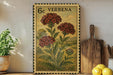 a framed print of a flower with the text "6c VERBENA" on it, placed on a shelf next to a wooden cutting board and some potted plants.