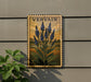 a framed illustration of blue flowers on a wall, with a plant to the left of the frame.