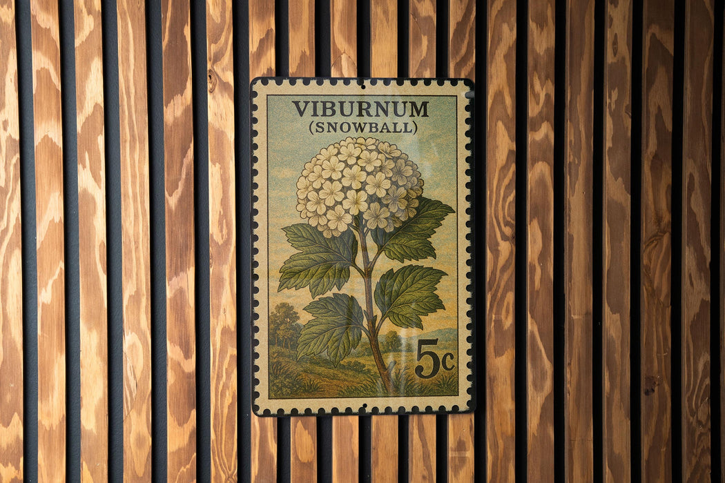 A postage stamp featuring a snowball plant on a wooden background.