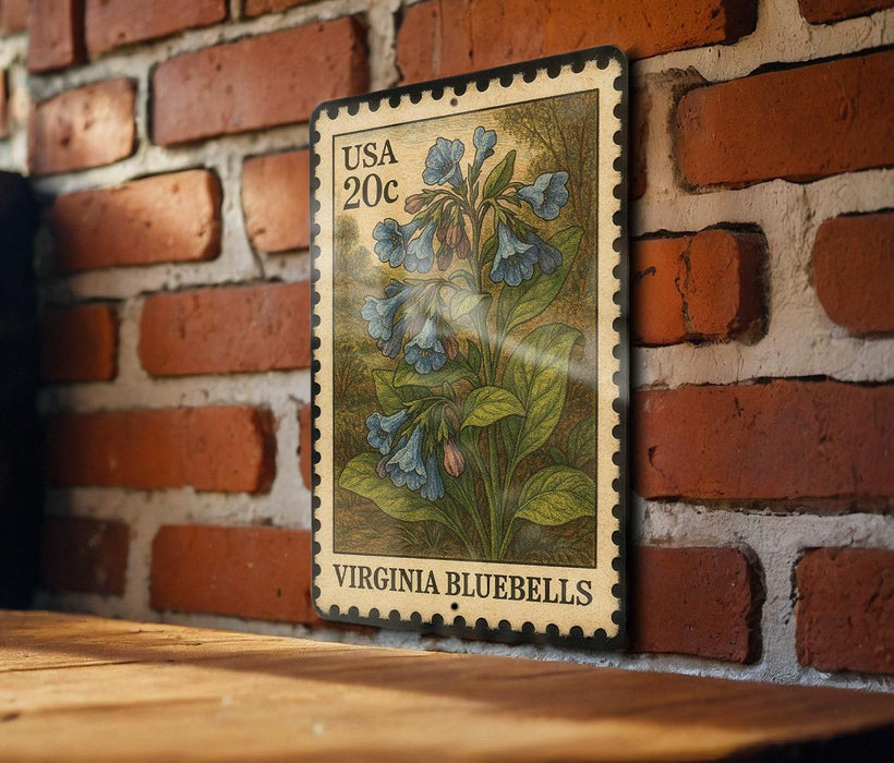 A vintage-style postage stamp featuring a bluebell plant is displayed on a brick wall.