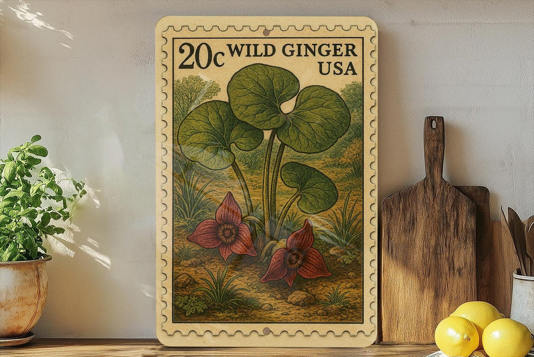 A framed print of a postage stamp depicting a wild ginger plant is displayed on a shelf next to kitchen utensils and a potted plant.